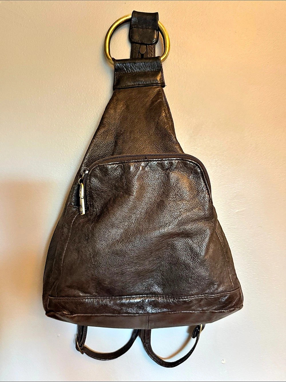 Vintage Brown Genuine Leather Teardrop Sling Backpack Purse - Brass Hardware